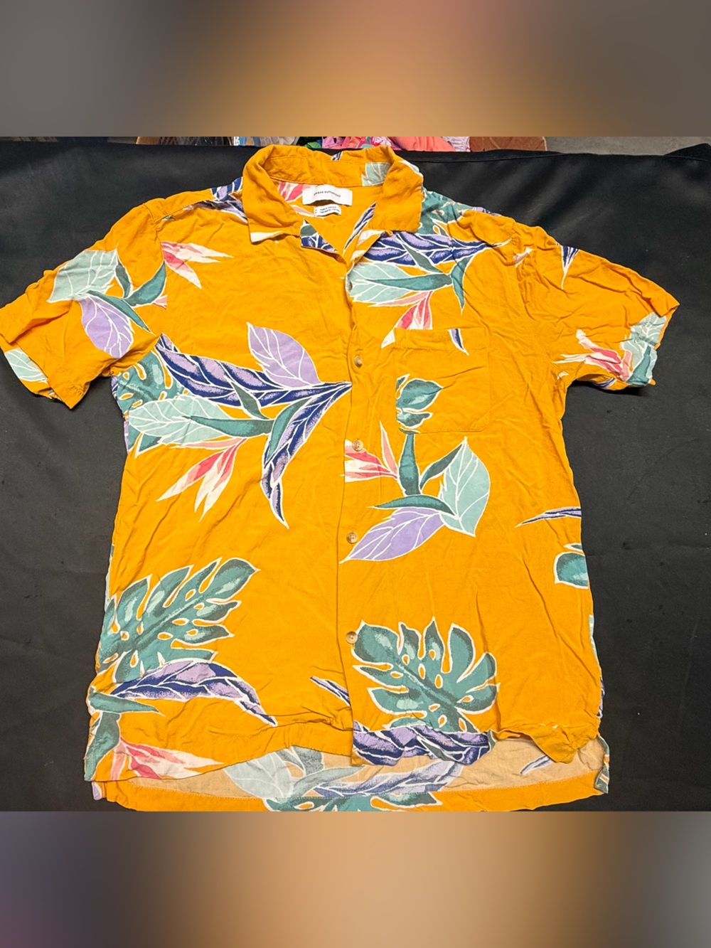 Urban Outfitters Mustard Tropical-Print Short-Sleeve Button-Down Shirt